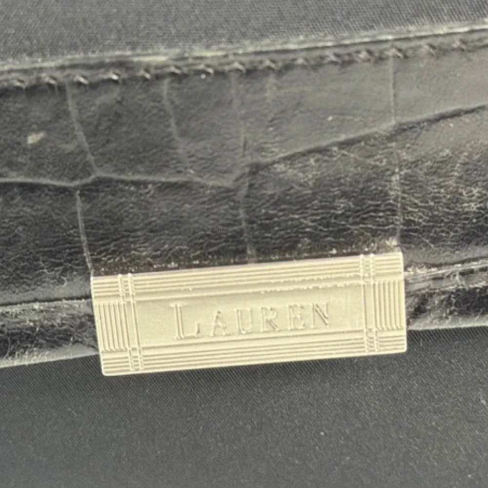 Lauren Ralph Lauren Black Nylon Croc Trim Crossbody Flap Bag Silver Logo Plaque